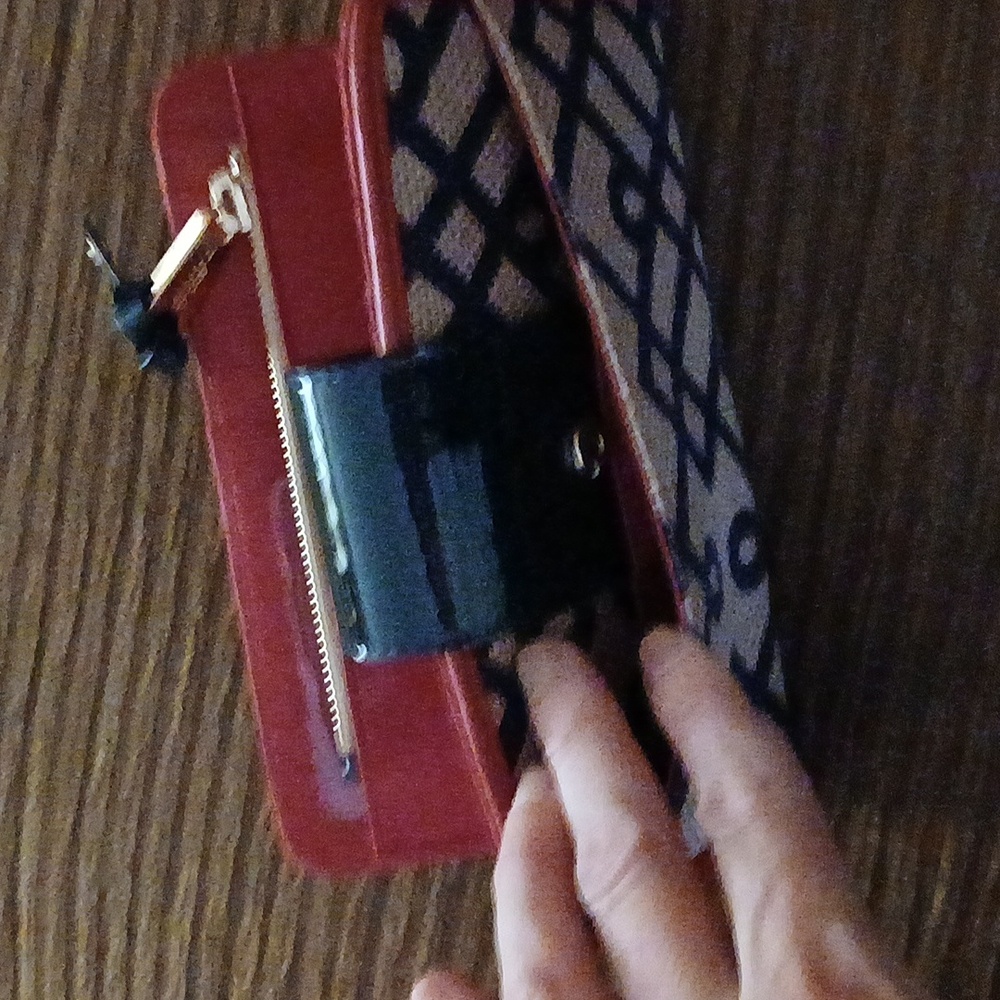 Spartina 449 Twist-Lock Burlap Fabric and Leather Wallet ■ Neutral with Red Trim - Picture 7 of 7